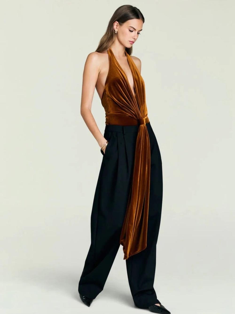 NWT Seroya Vika Velvet Bodysuit Sleeveless Marigold, Size XS